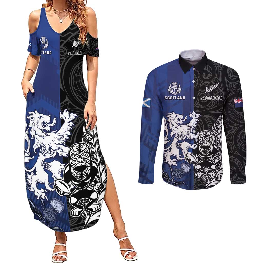 New Zealand And Scotland Rugby Custom Couples Matching Summer Maxi Dress and Long Sleeve Button Shirt Maori Tiki With Thistle Together