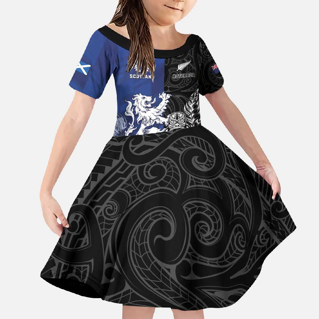 New Zealand And Scotland Rugby Custom Family Matching Long Sleeve Bodycon Dress and Hawaiian Shirt Maori Tiki With Thistle Together