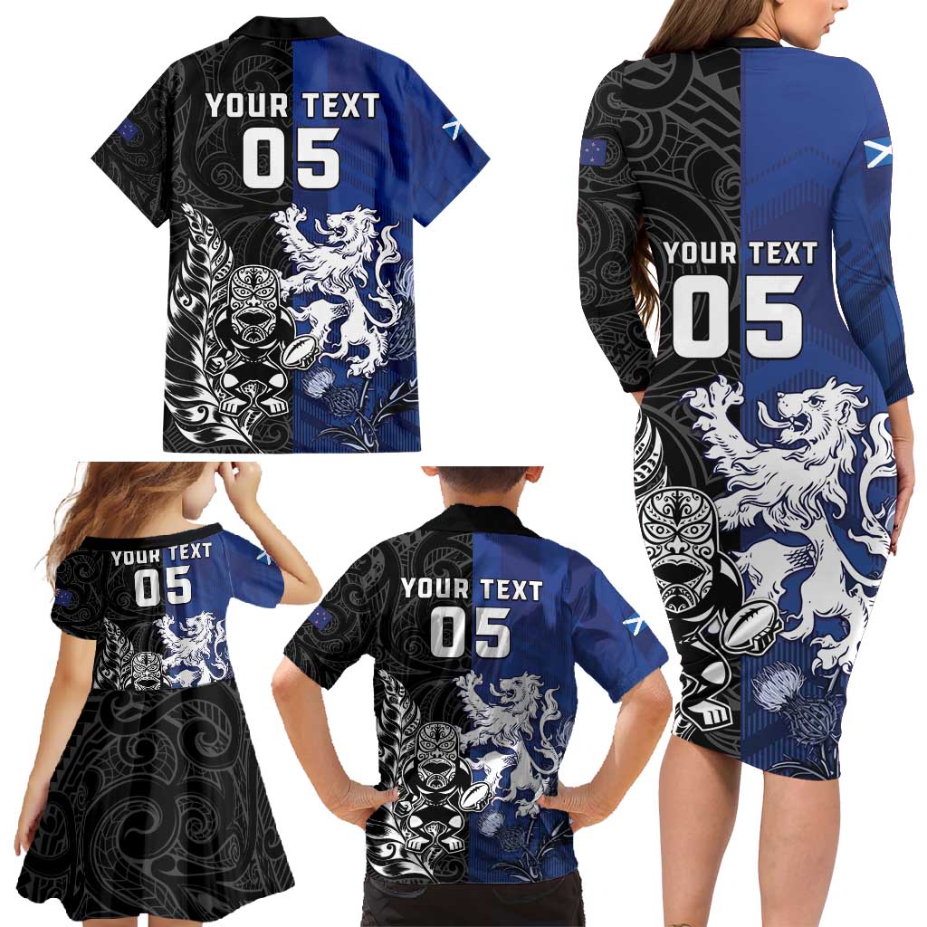 New Zealand And Scotland Rugby Custom Family Matching Long Sleeve Bodycon Dress and Hawaiian Shirt Maori Tiki With Thistle Together