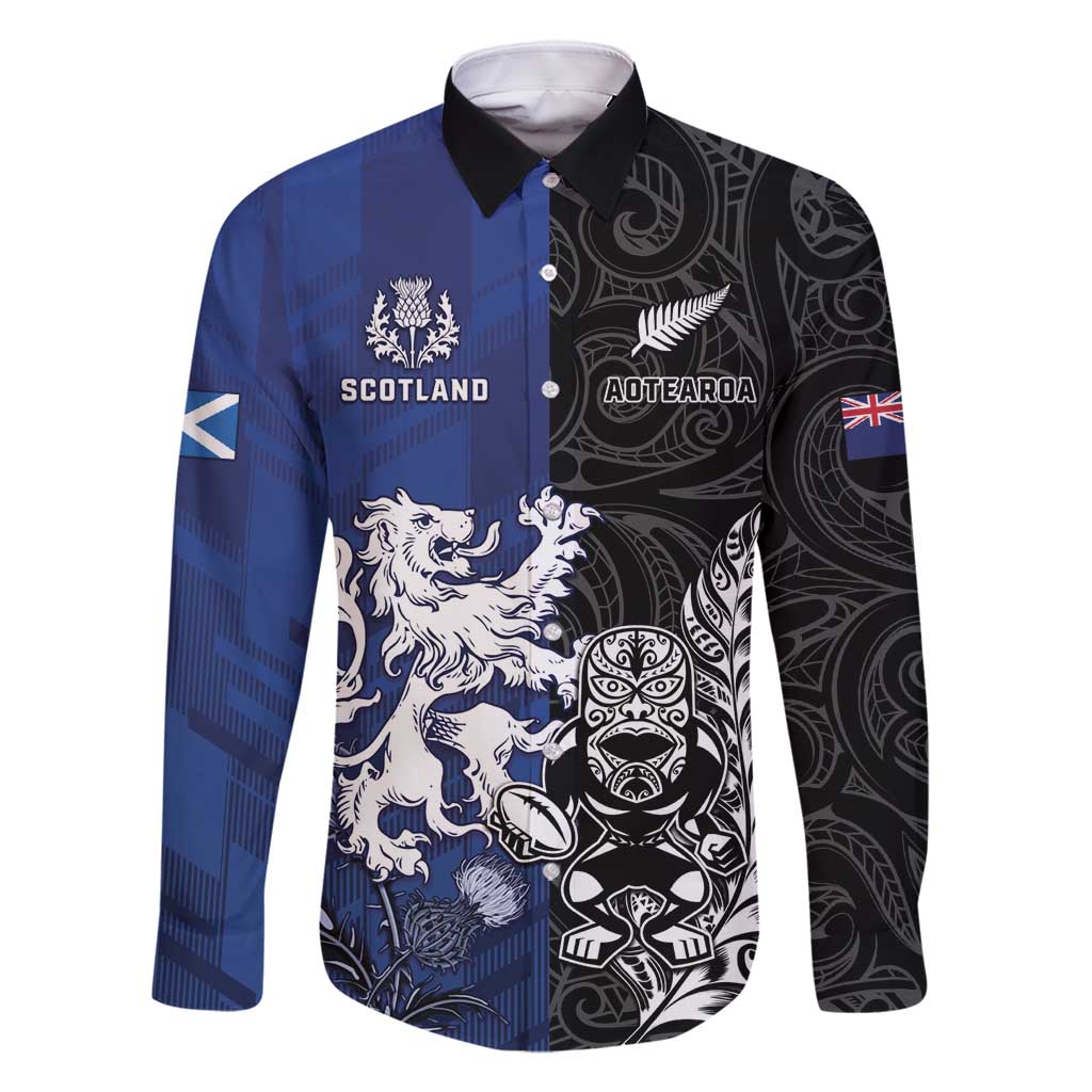 New Zealand And Scotland Rugby Custom Family Matching Long Sleeve Bodycon Dress and Hawaiian Shirt Maori Tiki With Thistle Together