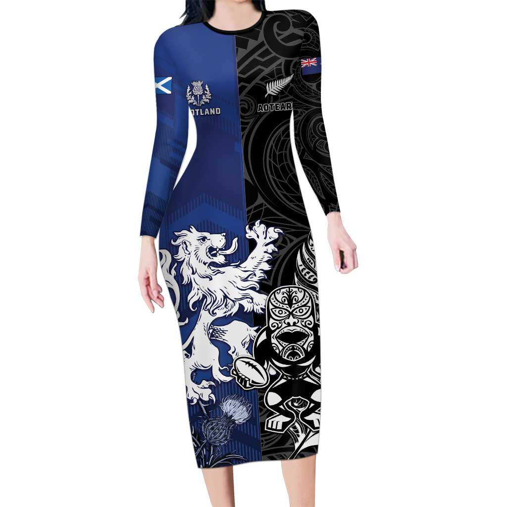 New Zealand And Scotland Rugby Custom Family Matching Long Sleeve Bodycon Dress and Hawaiian Shirt Maori Tiki With Thistle Together