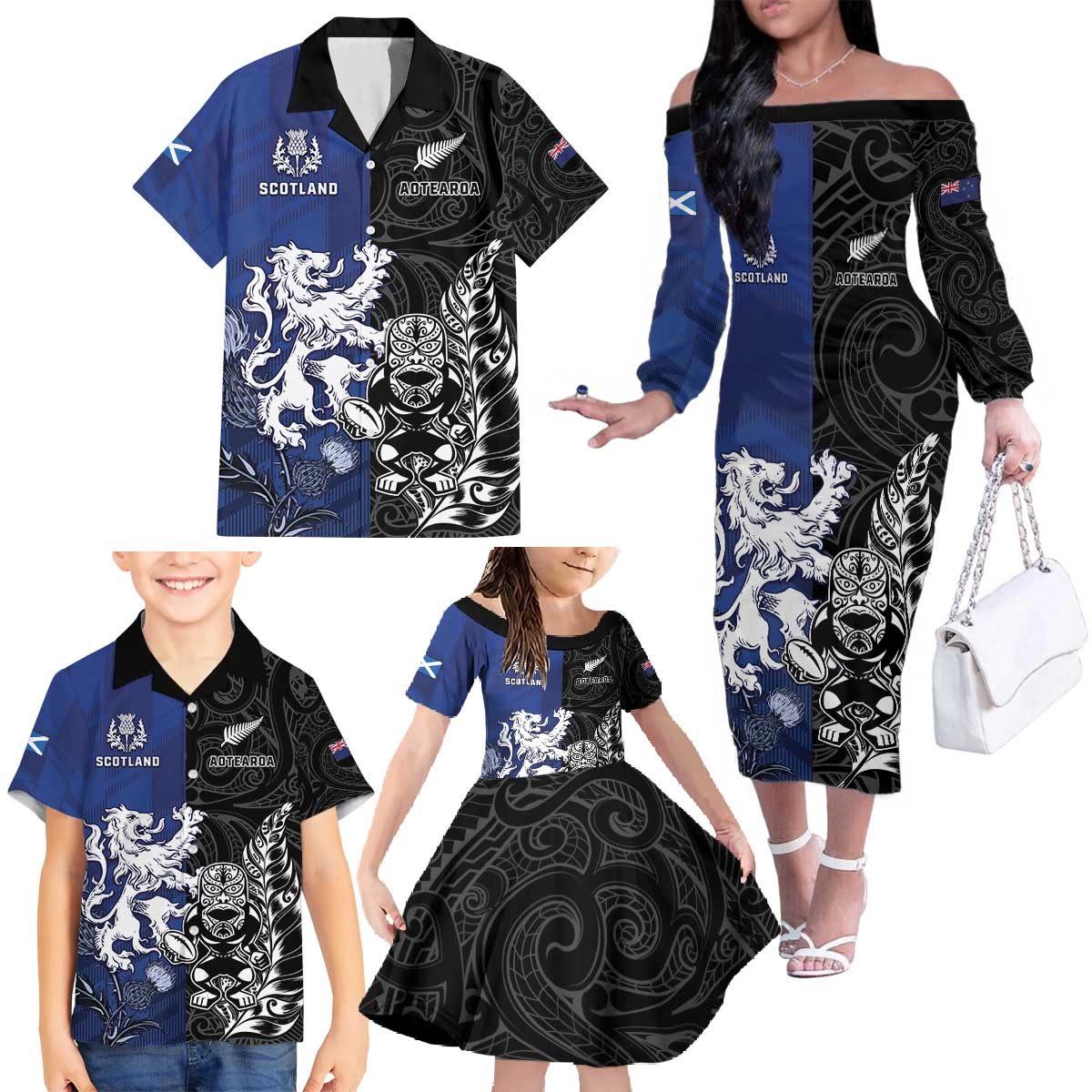 New Zealand And Scotland Rugby Custom Family Matching Off The Shoulder Long Sleeve Dress and Hawaiian Shirt Maori Tiki With Thistle Together