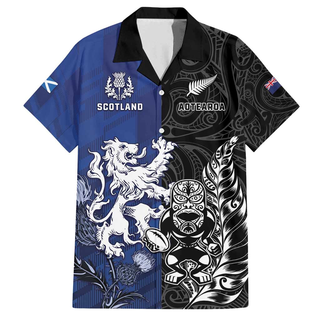 New Zealand And Scotland Rugby Custom Family Matching Off Shoulder Maxi Dress and Hawaiian Shirt Maori Tiki With Thistle Together