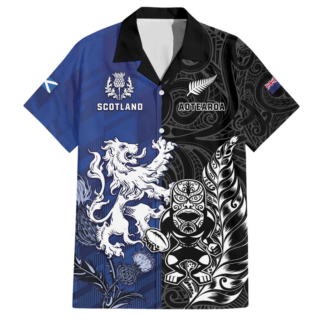 New Zealand And Scotland Rugby Custom Family Matching Short Sleeve Bodycon Dress and Hawaiian Shirt Maori Tiki With Thistle Together