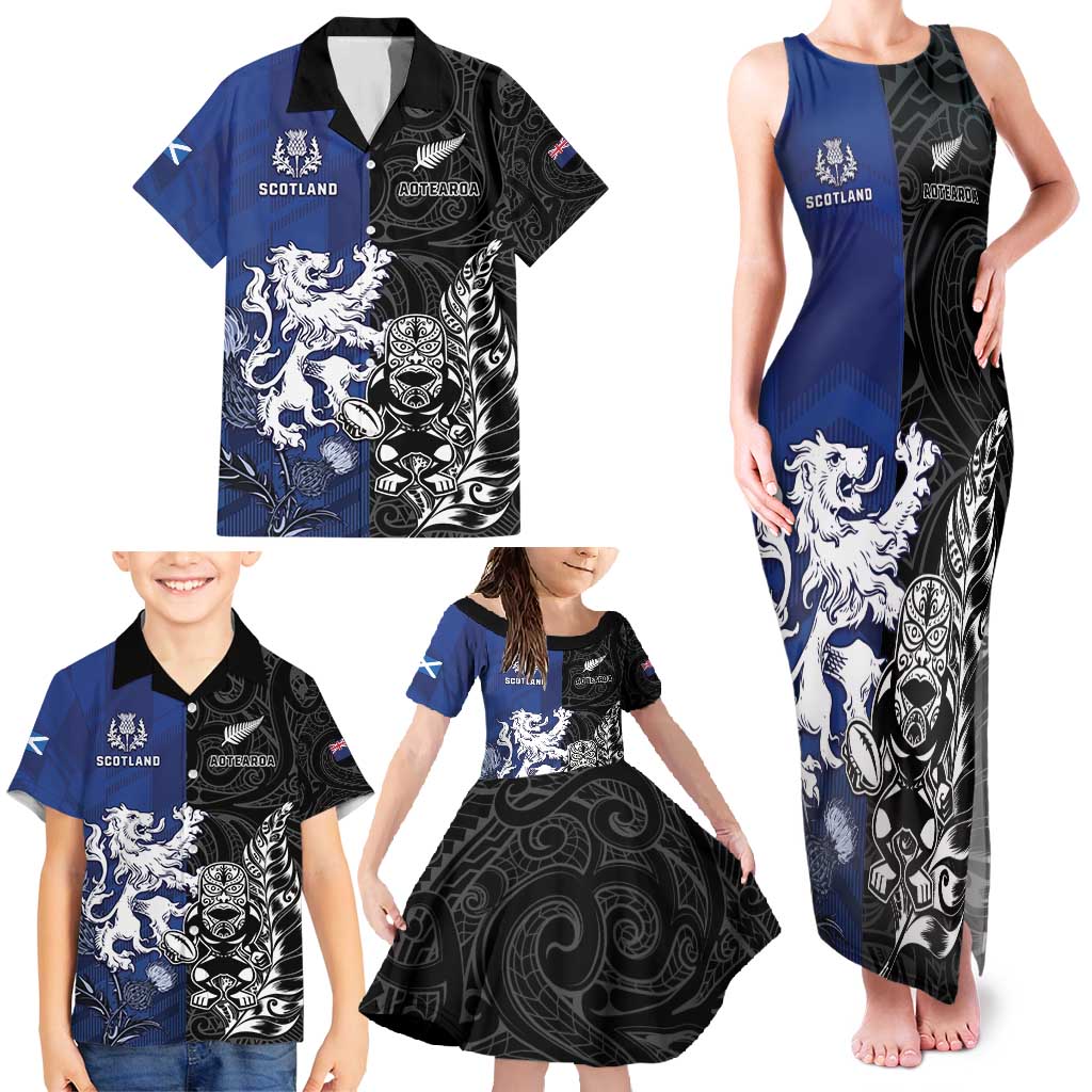 New Zealand And Scotland Rugby Custom Family Matching Tank Maxi Dress and Hawaiian Shirt Maori Tiki With Thistle Together