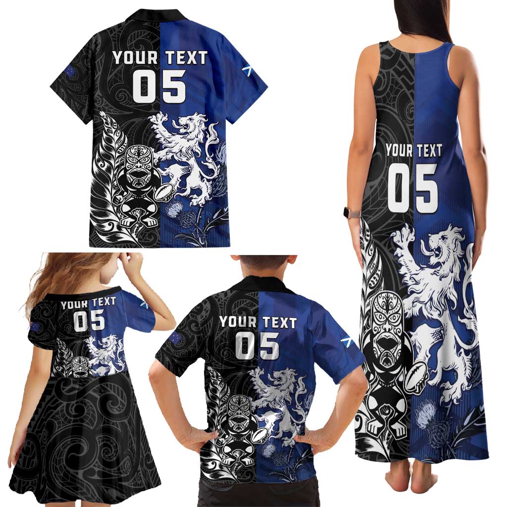 New Zealand And Scotland Rugby Custom Family Matching Tank Maxi Dress and Hawaiian Shirt Maori Tiki With Thistle Together