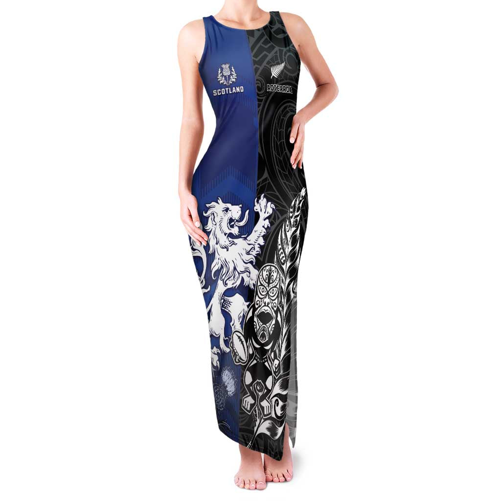 New Zealand And Scotland Rugby Custom Family Matching Tank Maxi Dress and Hawaiian Shirt Maori Tiki With Thistle Together