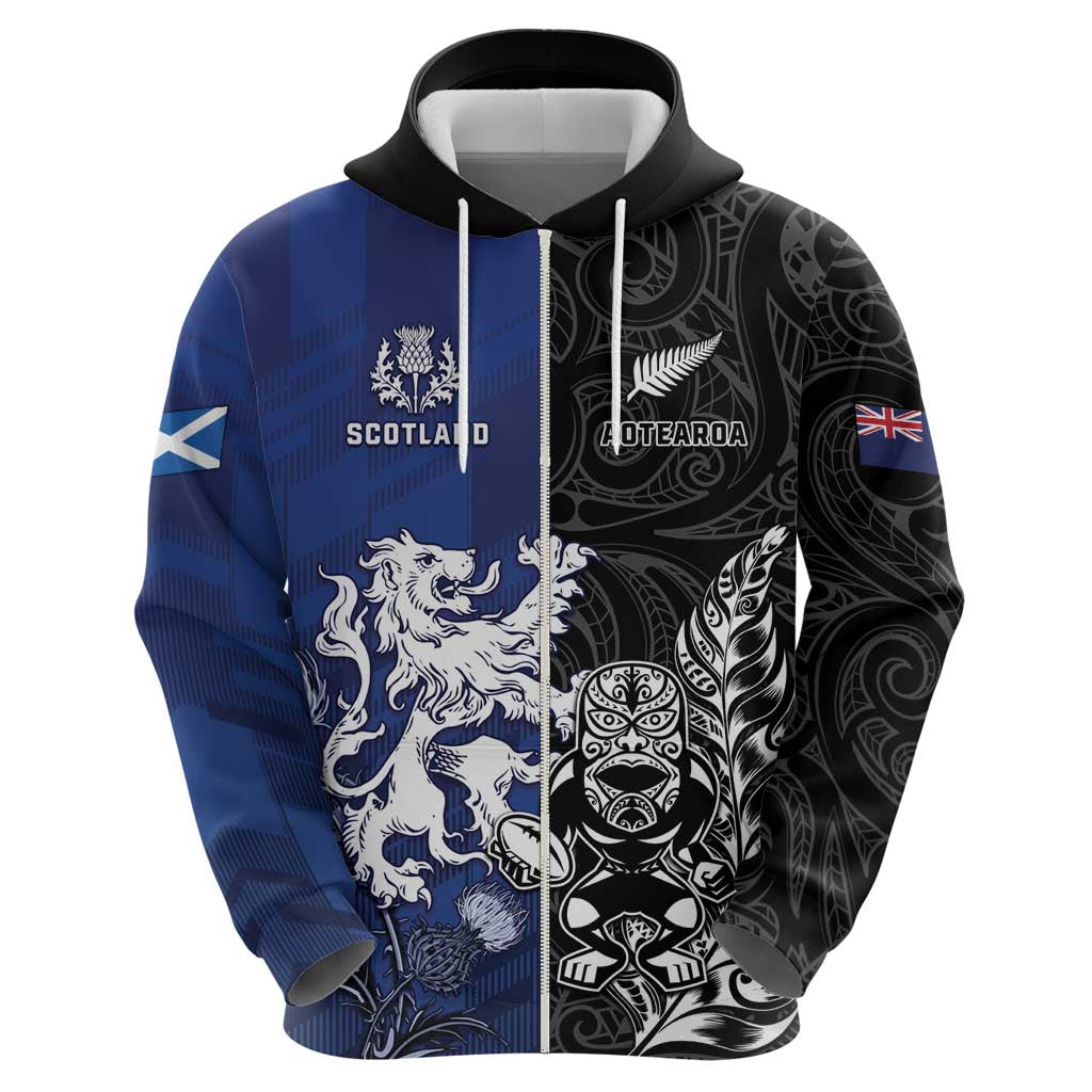 New Zealand And Scotland Rugby Custom Hoodie Maori Tiki With Thistle Together