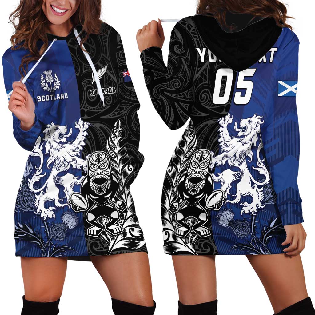 New Zealand And Scotland Rugby Custom Hoodie Dress Maori Tiki With Thistle Together