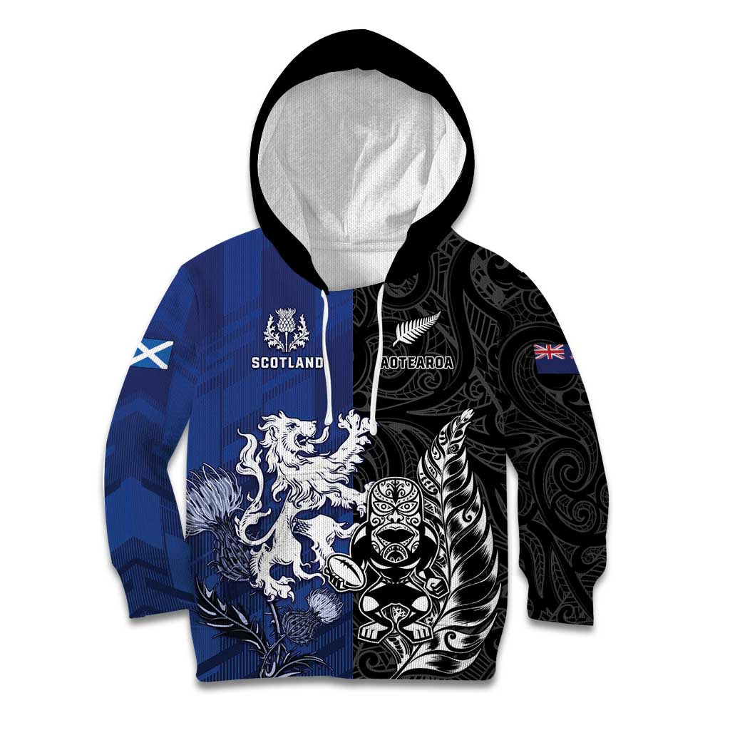 New Zealand And Scotland Rugby Custom Kid Hoodie Maori Tiki With Thistle Together