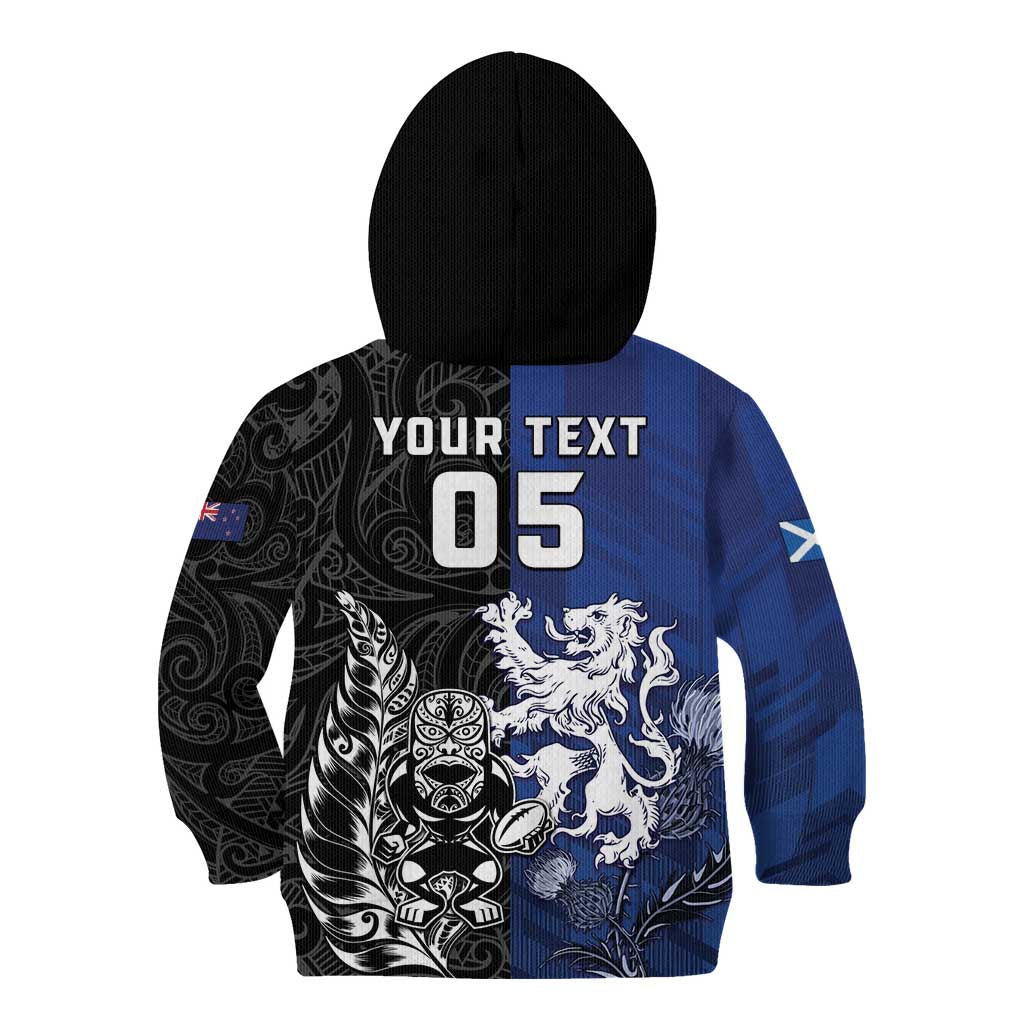 New Zealand And Scotland Rugby Custom Kid Hoodie Maori Tiki With Thistle Together