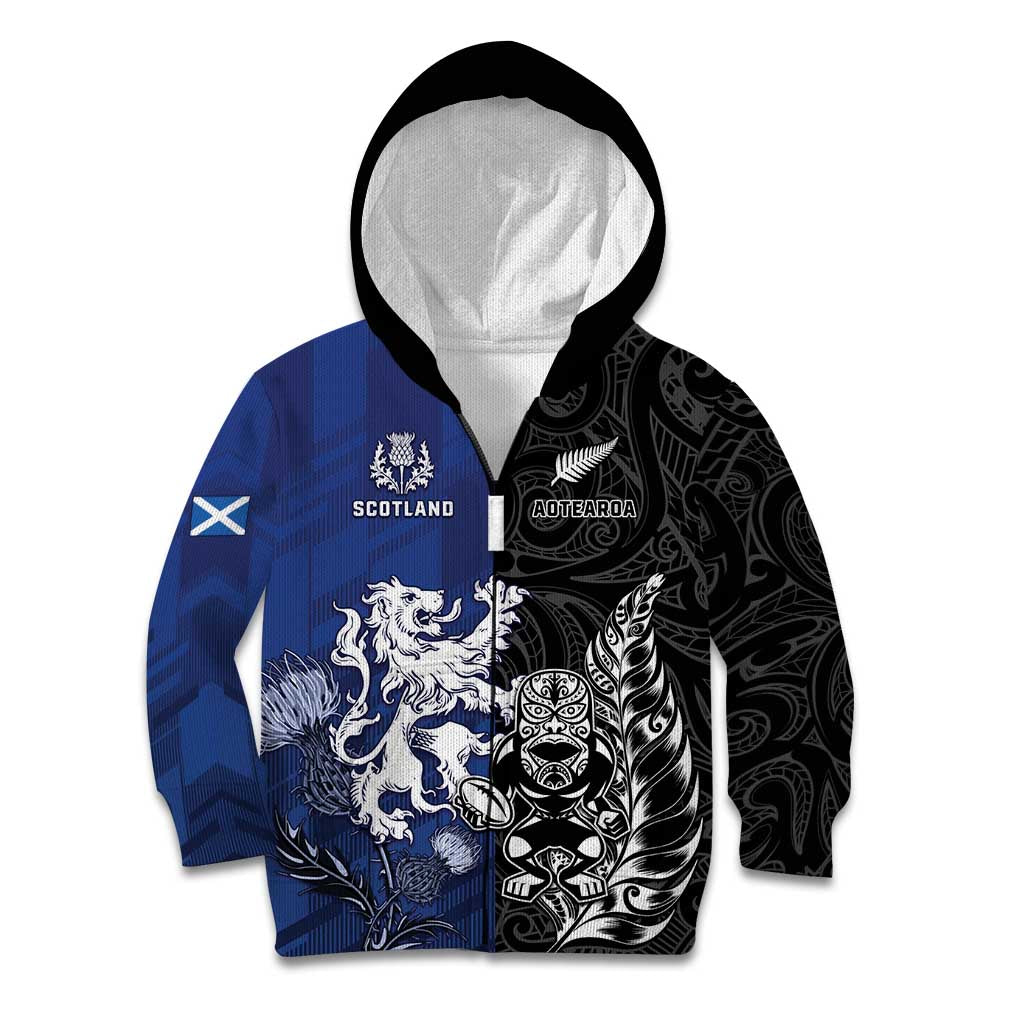 New Zealand And Scotland Rugby Custom Kid Hoodie Maori Tiki With Thistle Together