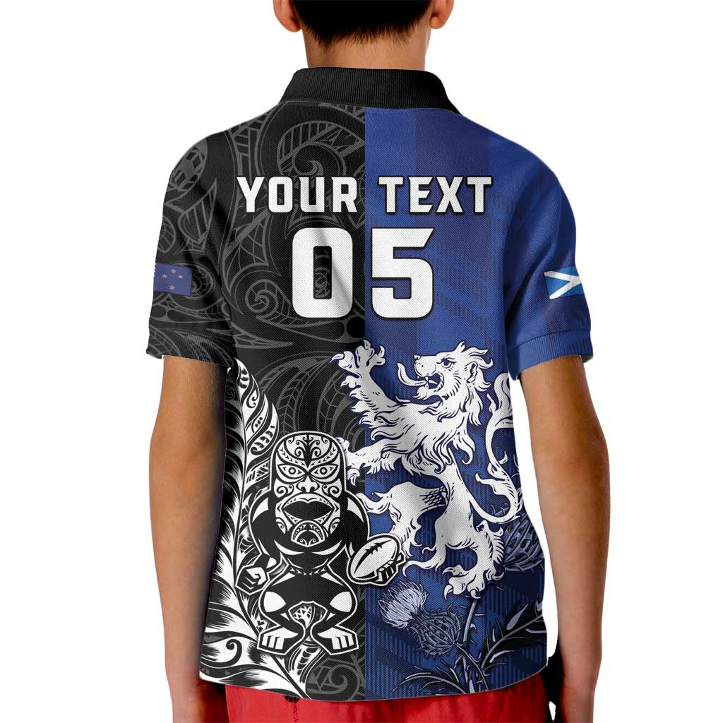 New Zealand And Scotland Rugby Custom Kid Polo Shirt Maori Tiki With Thistle Together