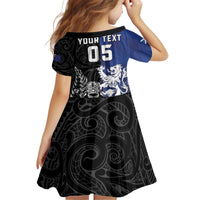 New Zealand And Scotland Rugby Custom Kid Short Sleeve Dress Maori Tiki With Thistle Together