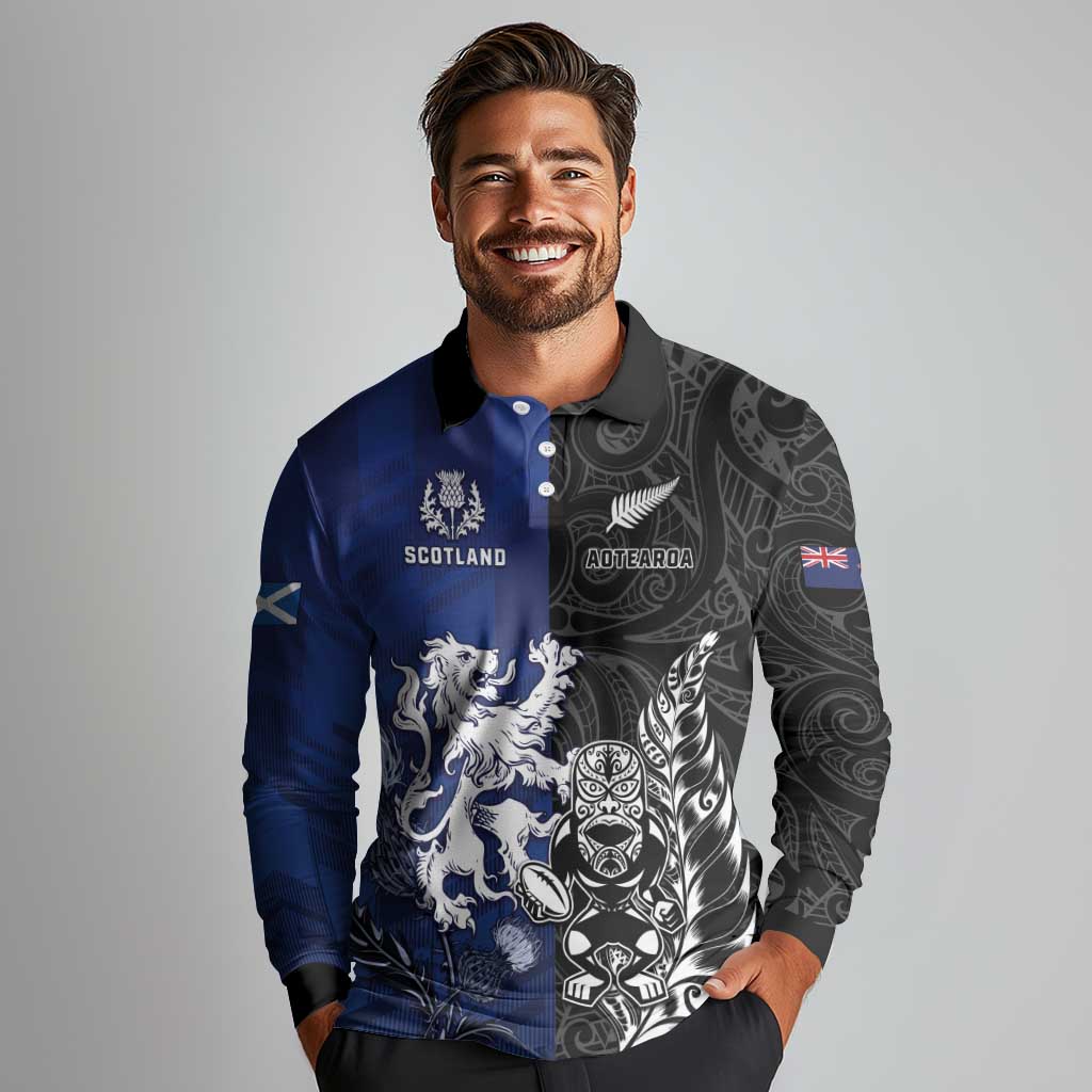 New Zealand And Scotland Rugby Custom Long Sleeve Polo Shirt Maori Tiki With Thistle Together