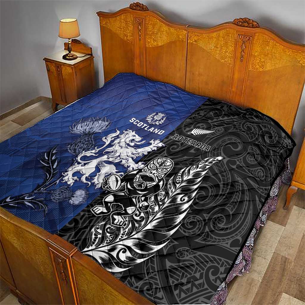 New Zealand And Scotland Rugby Quilt Maori Tiki With Thistle Together