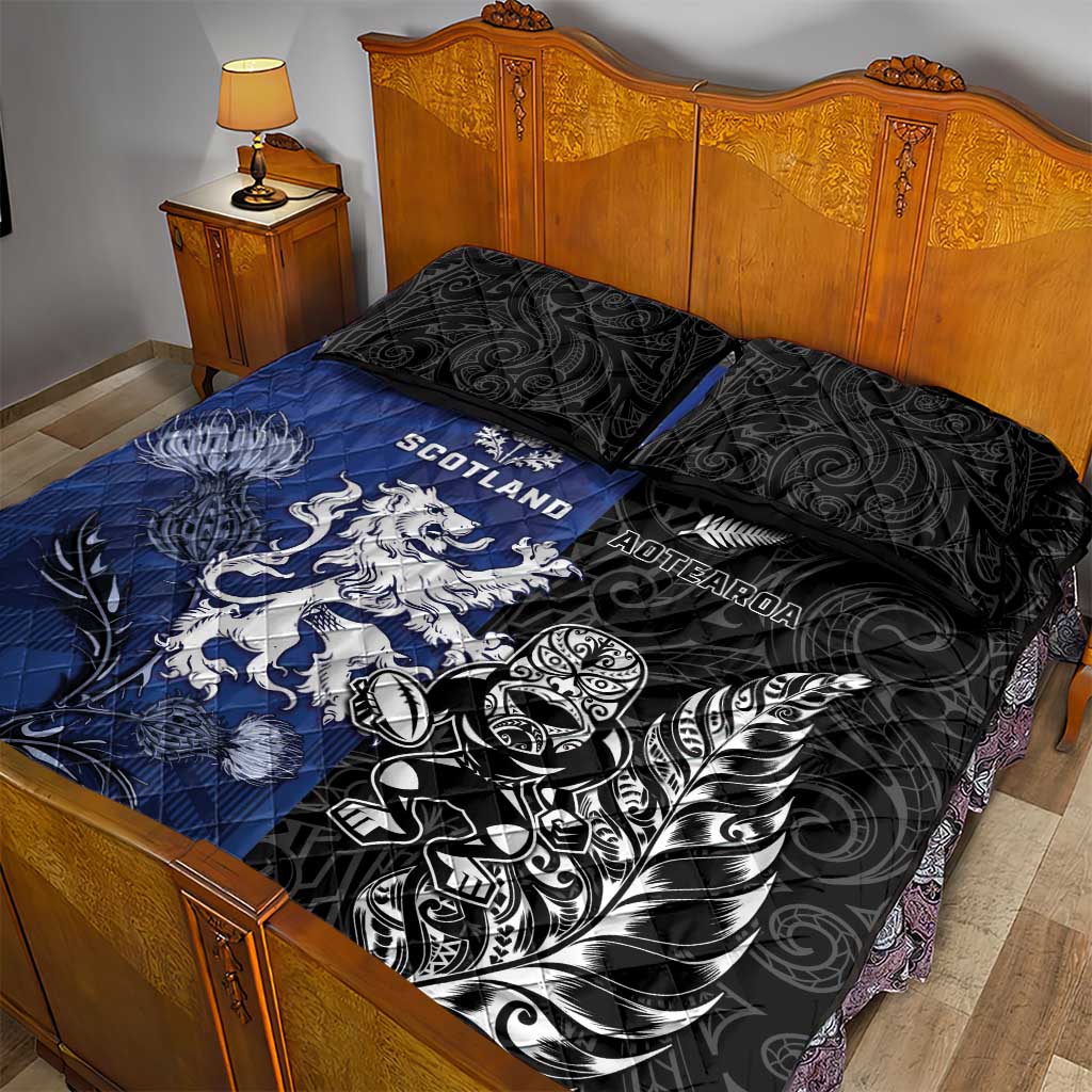 New Zealand And Scotland Rugby Quilt Bed Set Maori Tiki With Thistle Together