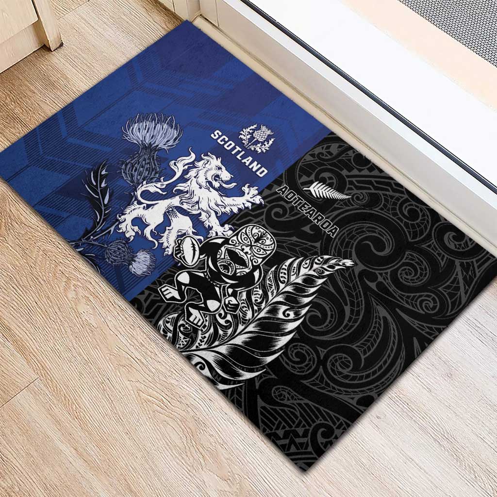 New Zealand And Scotland Rugby Rubber Doormat Maori Tiki With Thistle Together