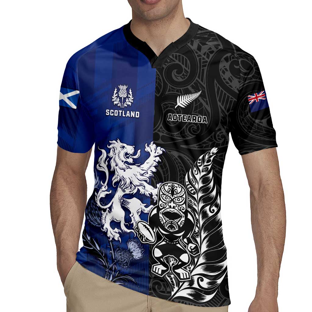 New Zealand And Scotland Rugby Custom Rugby Jersey Maori Tiki With Thistle Together