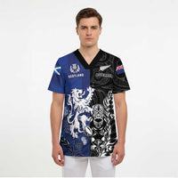 New Zealand And Scotland Rugby Custom Scrub Top Maori Tiki With Thistle Together - Polynesian Pride