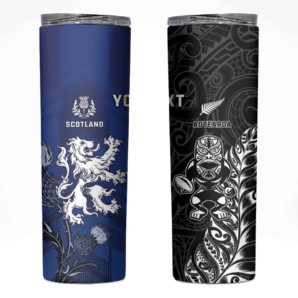 New Zealand And Scotland Rugby Custom Skinny Tumbler Maori Tiki With Thistle Together
