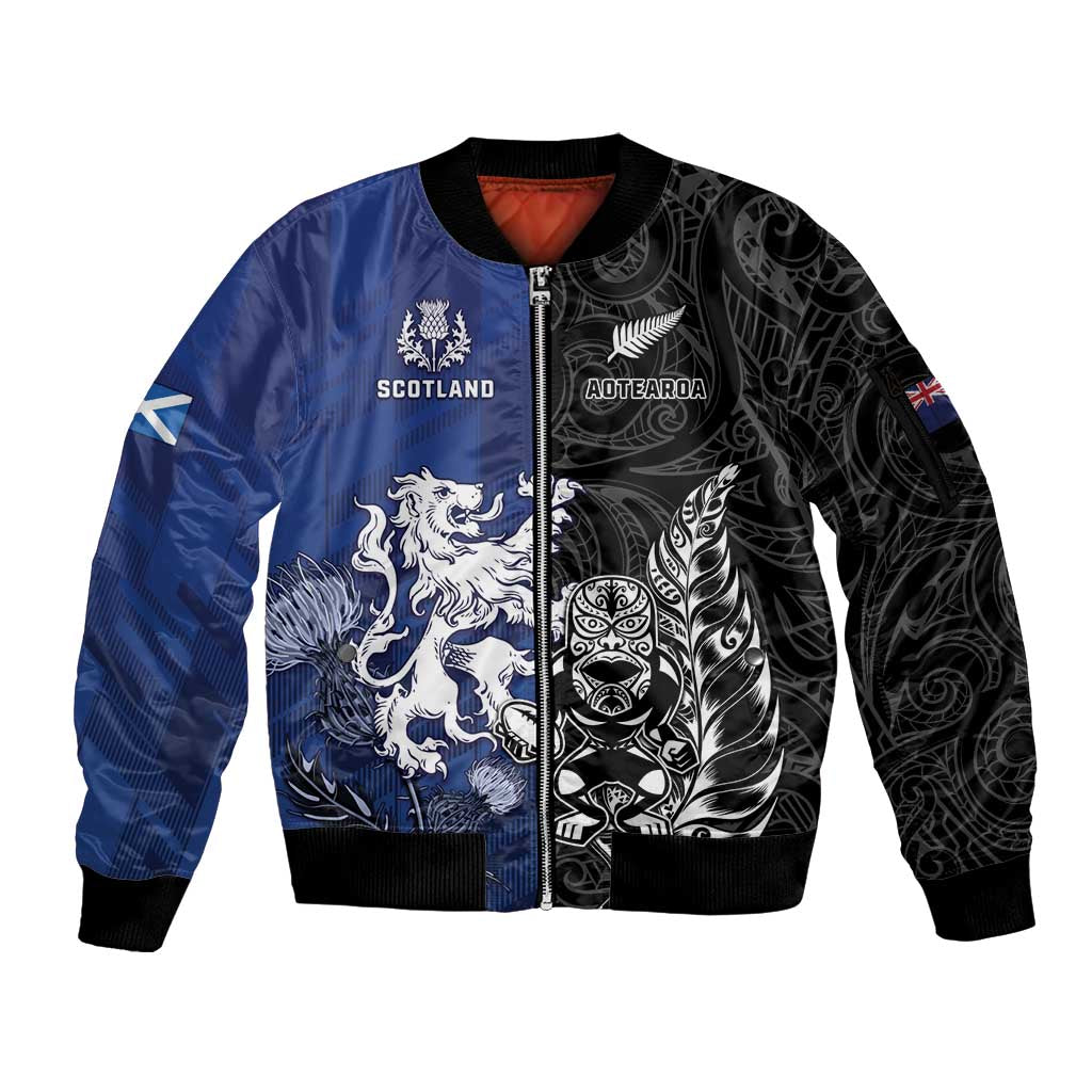 New Zealand And Scotland Rugby Custom Sleeve Zip Bomber Jacket Maori Tiki With Thistle Together