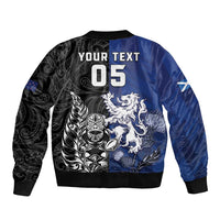 New Zealand And Scotland Rugby Custom Sleeve Zip Bomber Jacket Maori Tiki With Thistle Together