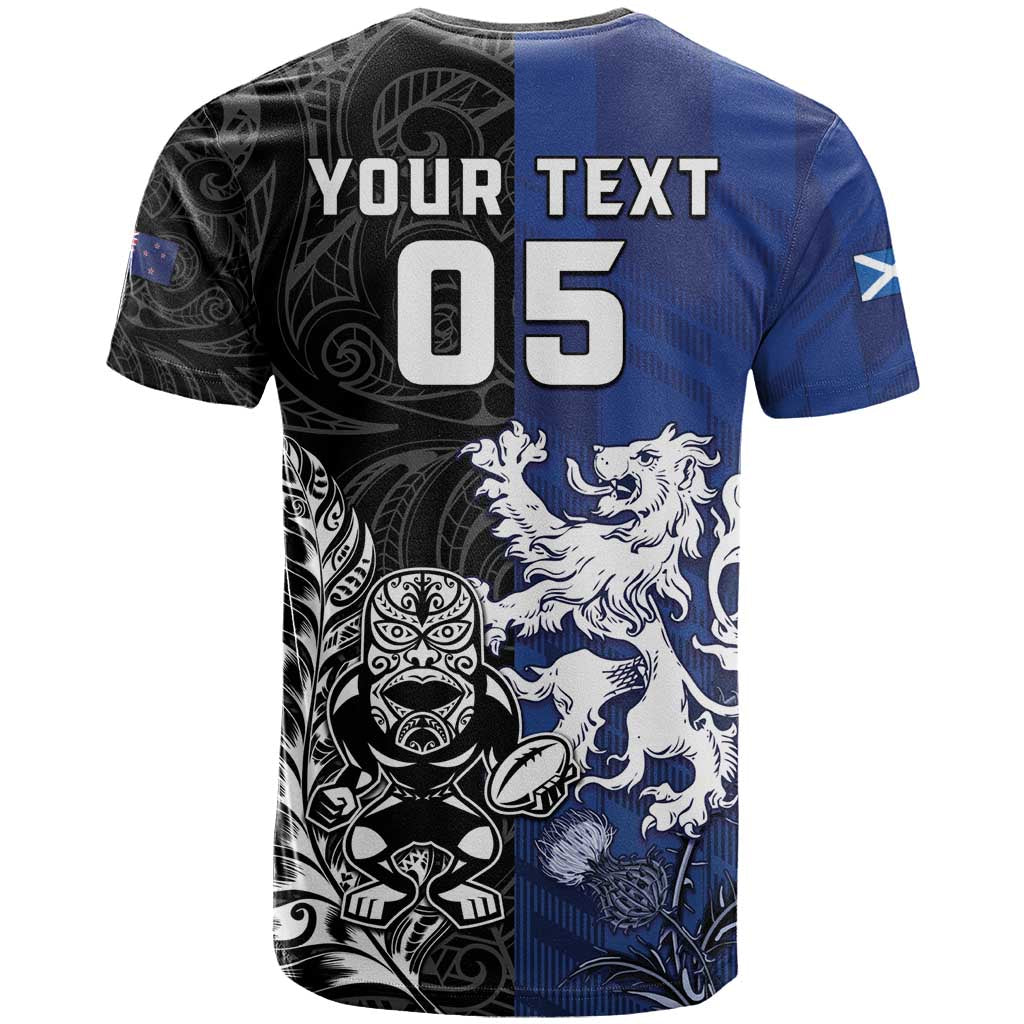 New Zealand And Scotland Rugby Custom T Shirt Maori Tiki With Thistle Together
