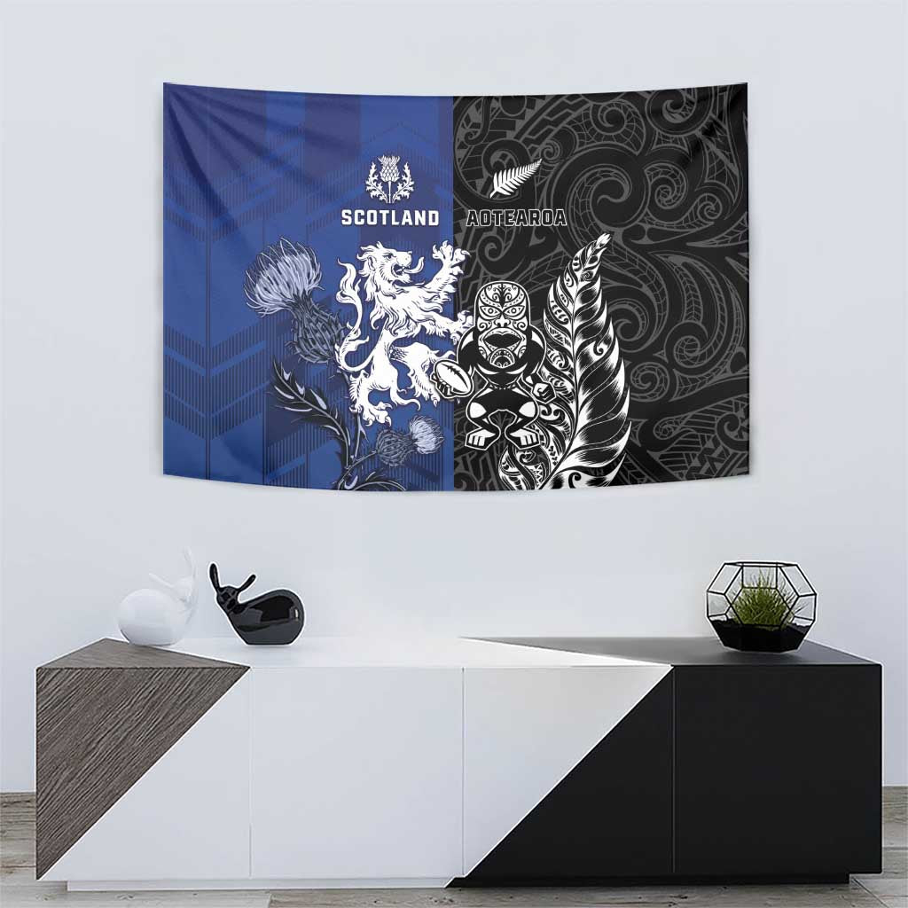 New Zealand And Scotland Rugby Tapestry Maori Tiki With Thistle Together