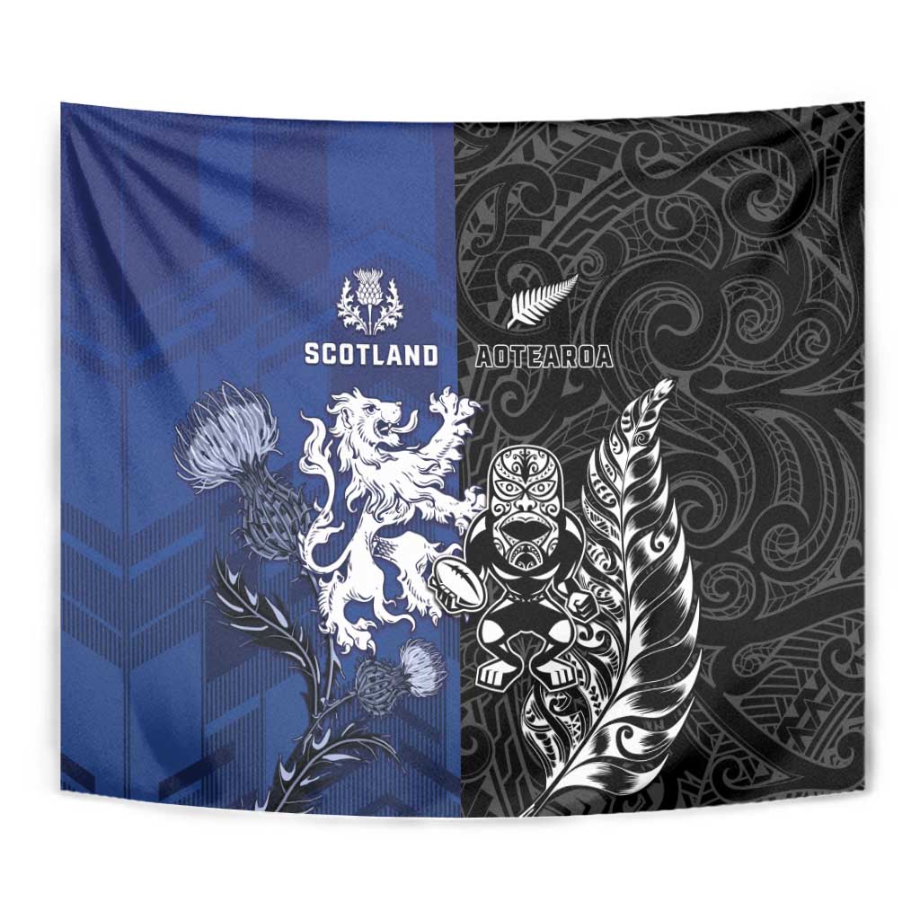 New Zealand And Scotland Rugby Tapestry Maori Tiki With Thistle Together
