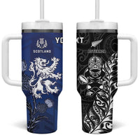 New Zealand And Scotland Rugby Custom Tumbler With Handle Maori Tiki With Thistle Together