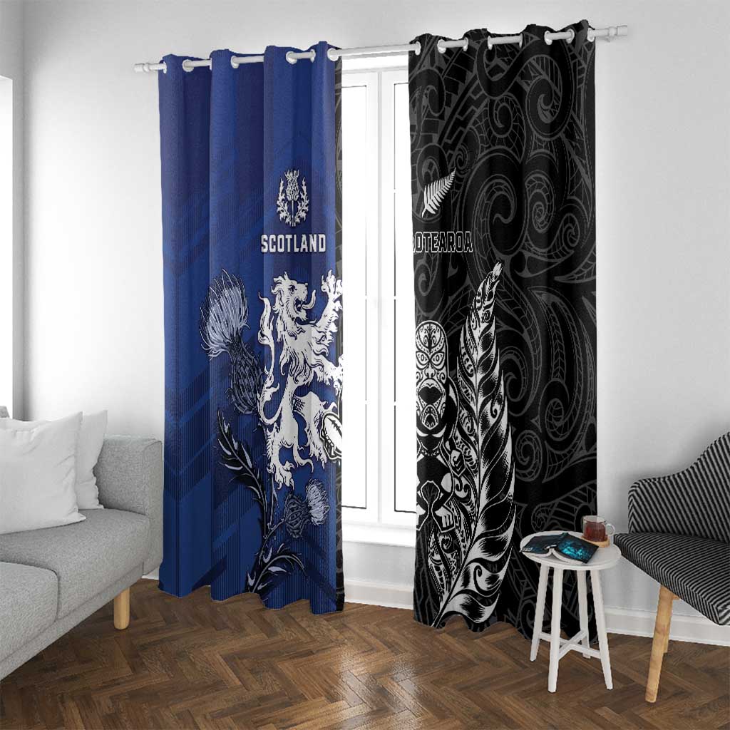 New Zealand And Scotland Rugby Window Curtain Maori Tiki With Thistle Together