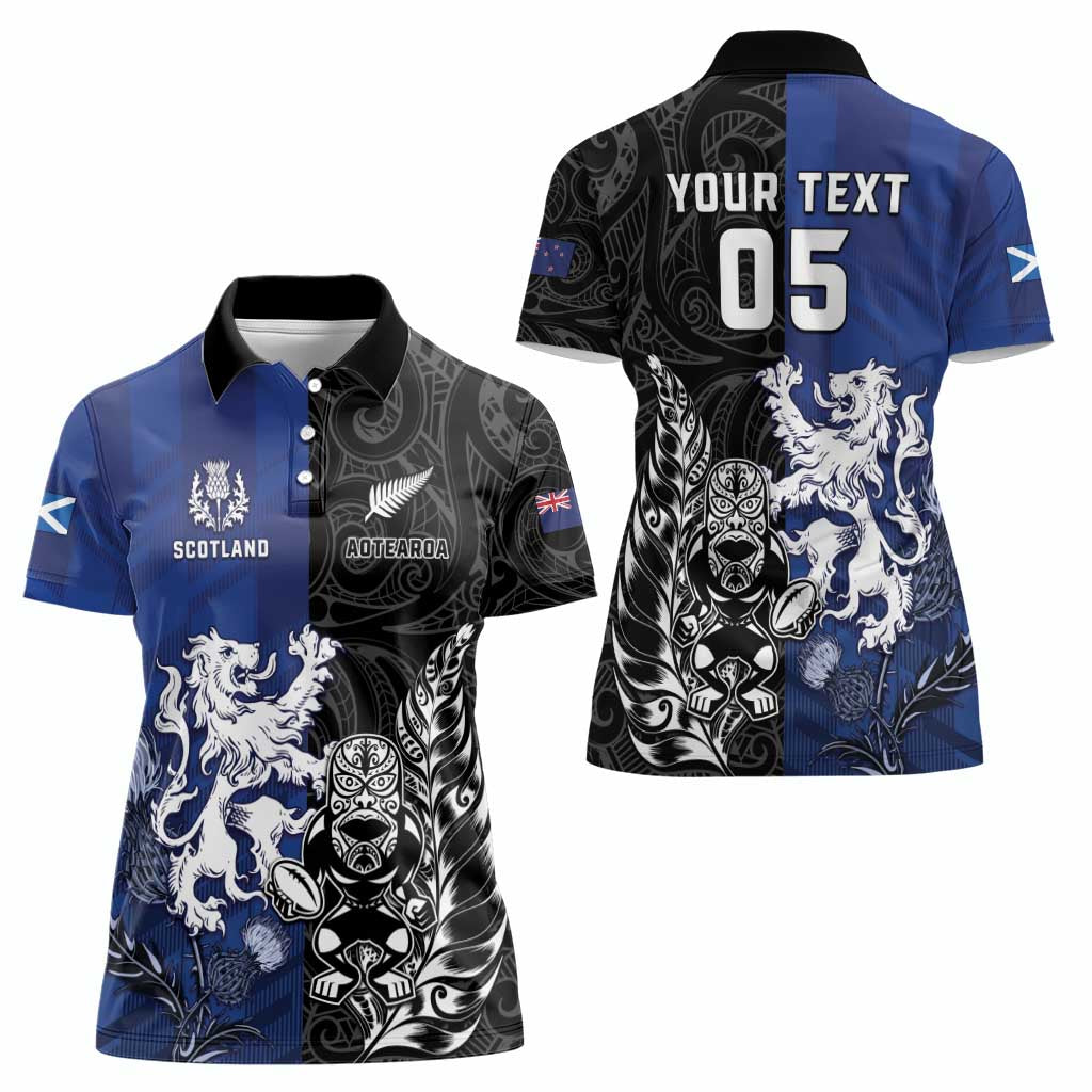 New Zealand And Scotland Rugby Custom Women Polo Shirt Maori Tiki With Thistle Together
