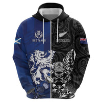New Zealand And Scotland Rugby Custom Zip Hoodie Maori Tiki With Thistle Together