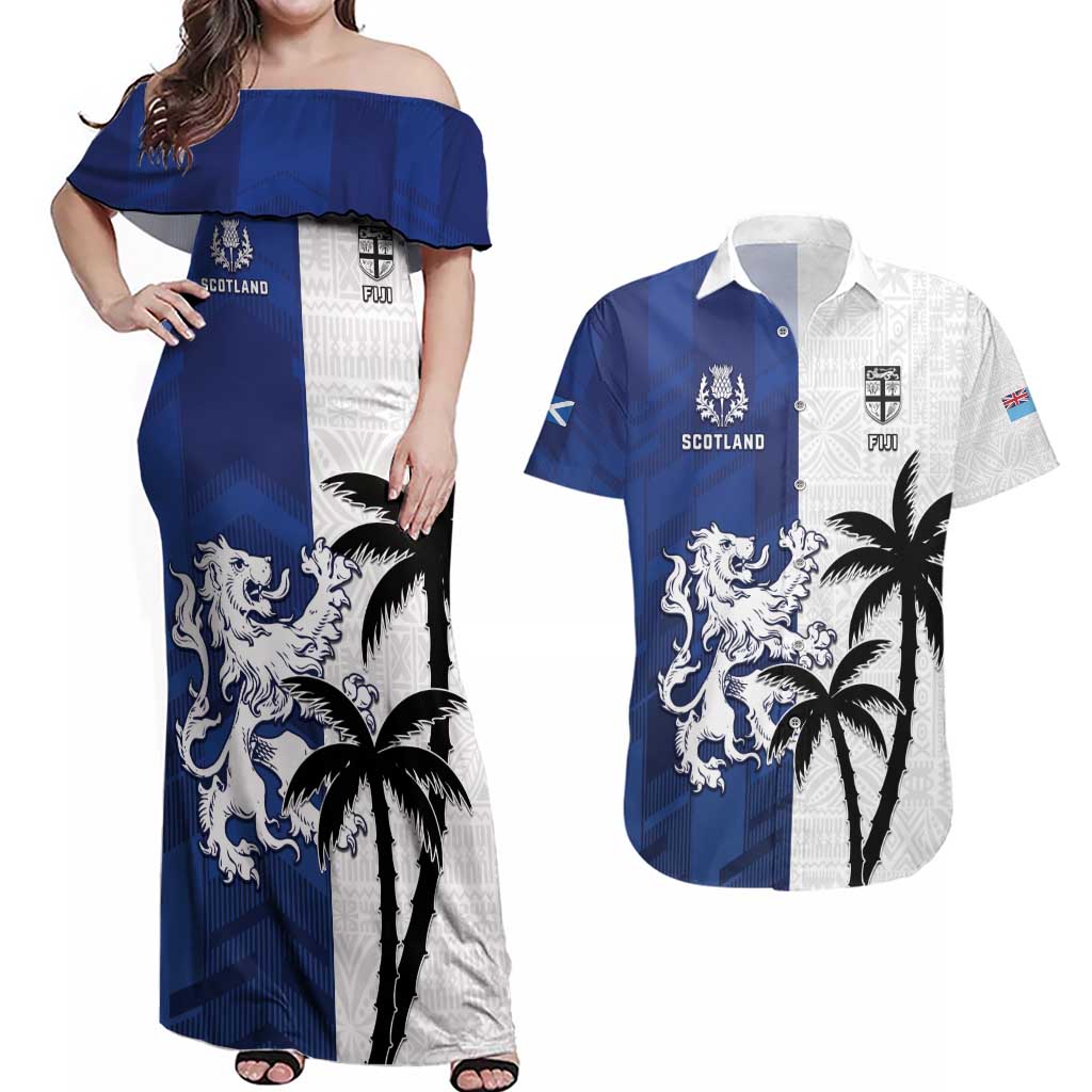 Fiji And Scotland Rugby Custom Couples Matching Off Shoulder Maxi Dress and Hawaiian Shirt Fijian Palm Tree With Thistle Together