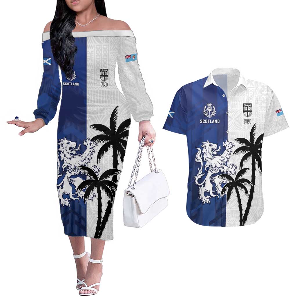 Fiji And Scotland Rugby Custom Couples Matching Off The Shoulder Long Sleeve Dress and Hawaiian Shirt Fijian Palm Tree With Thistle Together