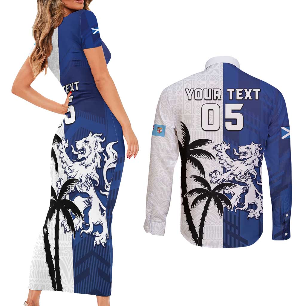 Fiji And Scotland Rugby Custom Couples Matching Short Sleeve Bodycon Dress and Long Sleeve Button Shirt Fijian Palm Tree With Thistle Together