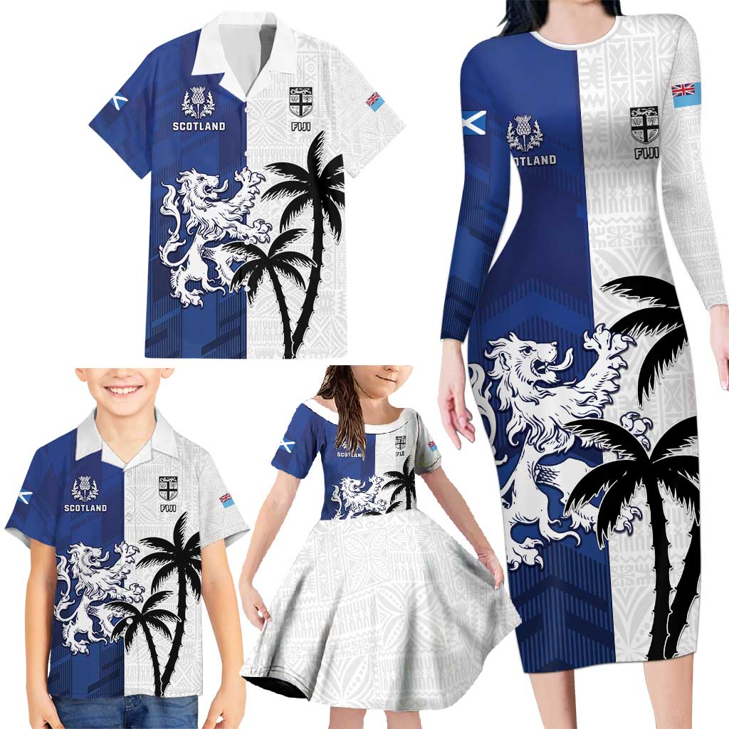 Fiji And Scotland Rugby Custom Family Matching Long Sleeve Bodycon Dress and Hawaiian Shirt Fijian Palm Tree With Thistle Together