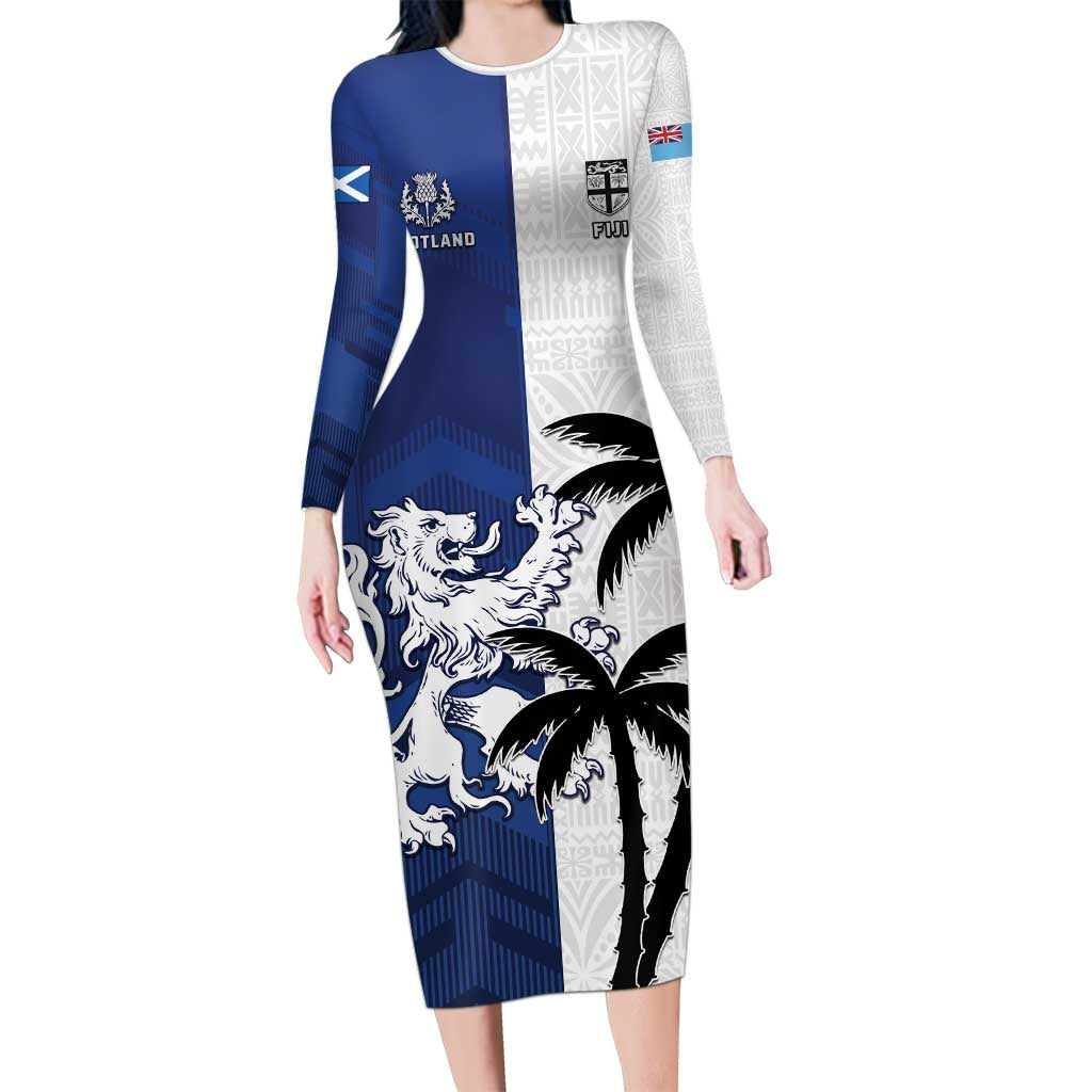 Fiji And Scotland Rugby Custom Family Matching Long Sleeve Bodycon Dress and Hawaiian Shirt Fijian Palm Tree With Thistle Together