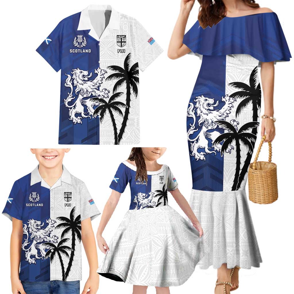 Fiji And Scotland Rugby Custom Family Matching Mermaid Dress and Hawaiian Shirt Fijian Palm Tree With Thistle Together
