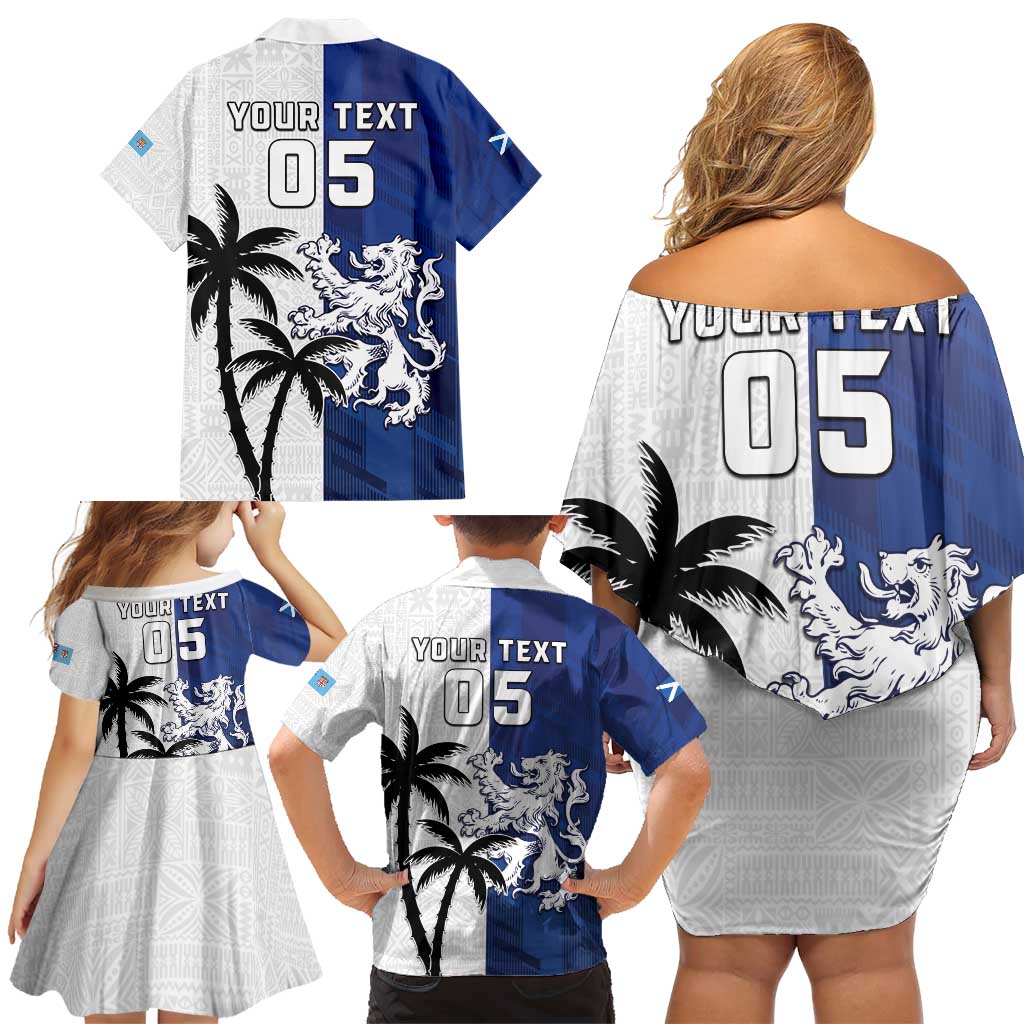 Fiji And Scotland Rugby Custom Family Matching Off Shoulder Short Dress and Hawaiian Shirt Fijian Palm Tree With Thistle Together LT05 - Polynesian Pride