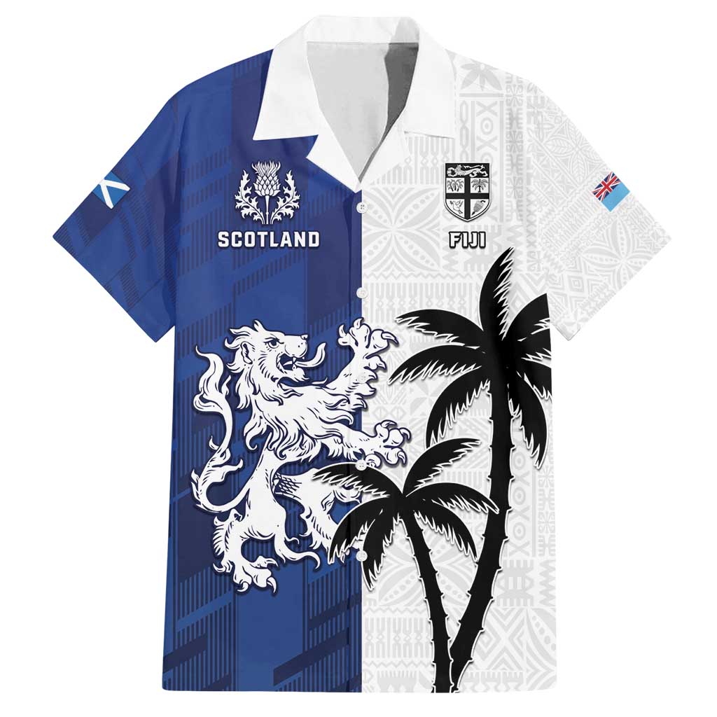 Fiji And Scotland Rugby Custom Family Matching Off Shoulder Short Dress and Hawaiian Shirt Fijian Palm Tree With Thistle Together LT05 Dad's Shirt - Short Sleeve Blue - Polynesian Pride