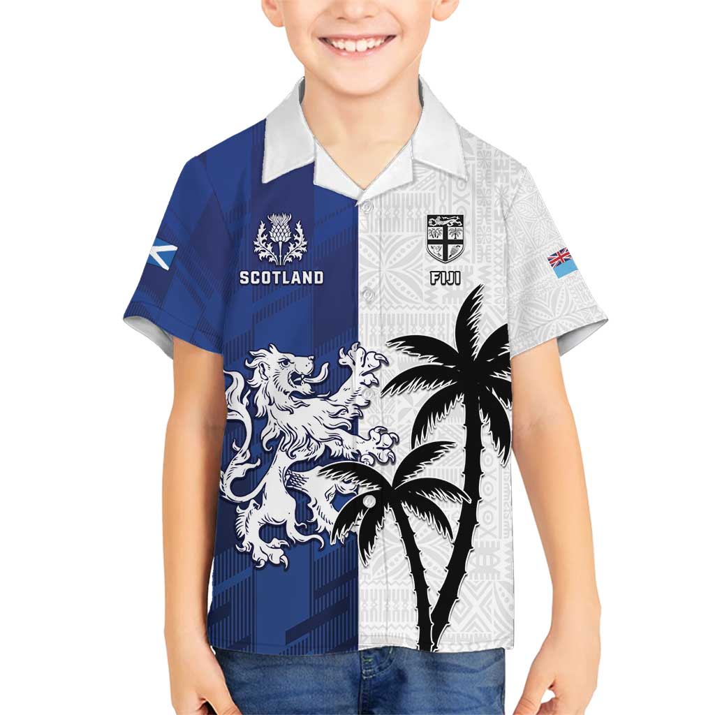 Fiji And Scotland Rugby Custom Family Matching Off Shoulder Short Dress and Hawaiian Shirt Fijian Palm Tree With Thistle Together LT05 Son's Shirt Blue - Polynesian Pride