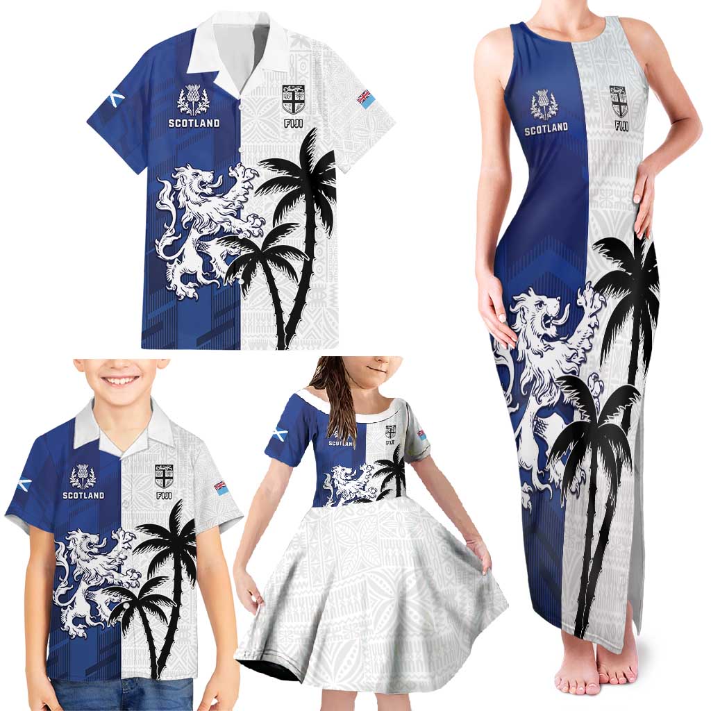 Fiji And Scotland Rugby Custom Family Matching Tank Maxi Dress and Hawaiian Shirt Fijian Palm Tree With Thistle Together