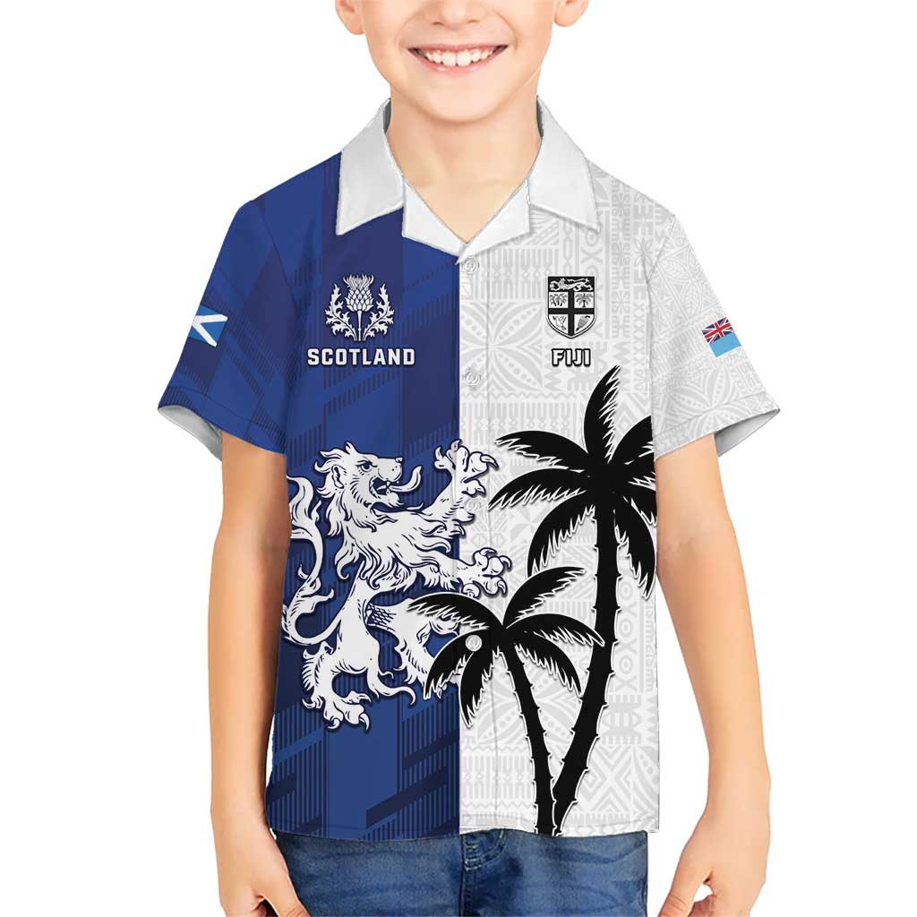 Fiji And Scotland Rugby Custom Kid Hawaiian Shirt Fijian Palm Tree With Thistle Together