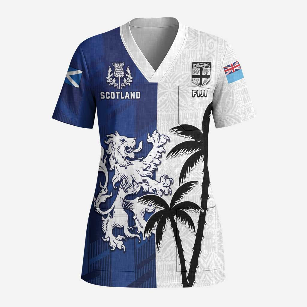 Fiji And Scotland Rugby Custom Scrub Top Fijian Palm Tree With Thistle Together - Polynesian Pride