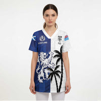 Fiji And Scotland Rugby Custom Scrub Top Fijian Palm Tree With Thistle Together - Polynesian Pride