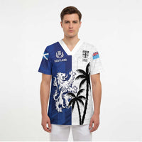 Fiji And Scotland Rugby Custom Scrub Top Fijian Palm Tree With Thistle Together - Polynesian Pride