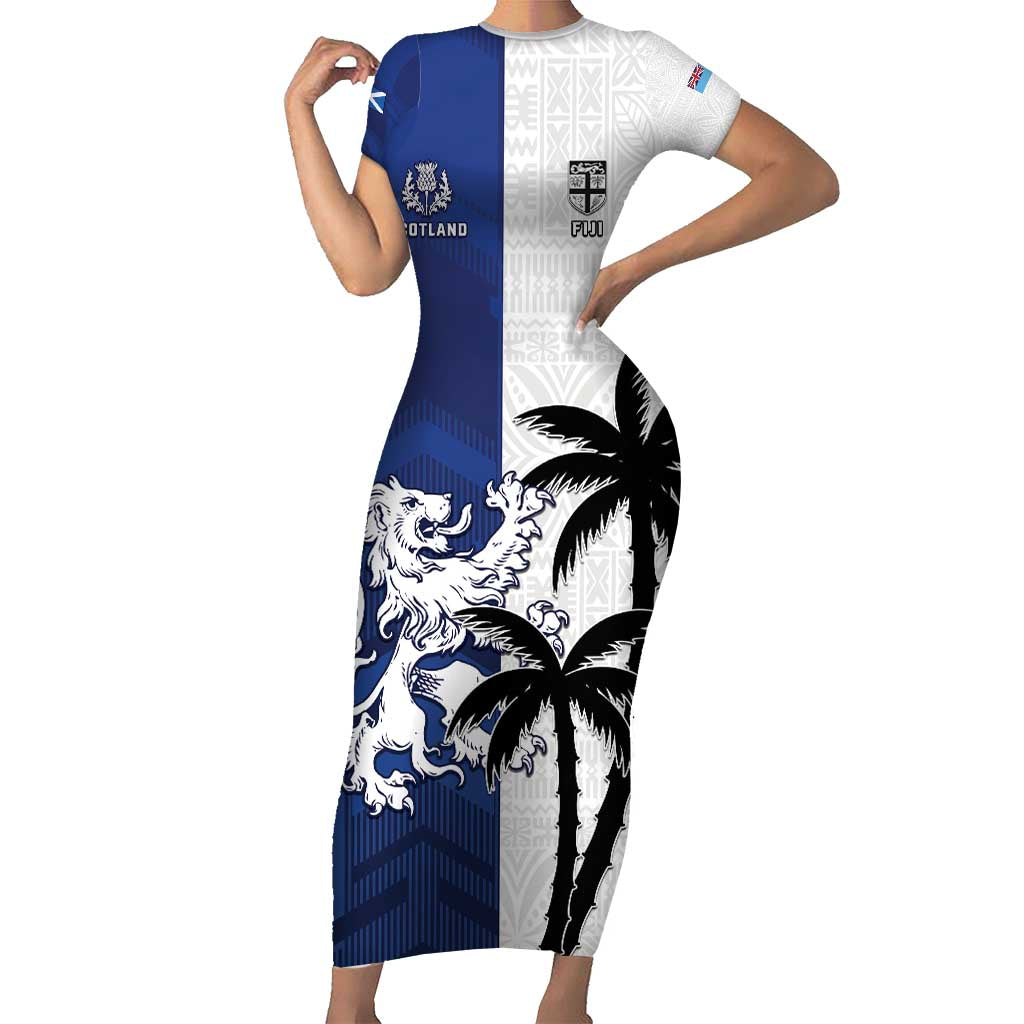 Fiji And Scotland Rugby Custom Short Sleeve Bodycon Dress Fijian Palm Tree With Thistle Together