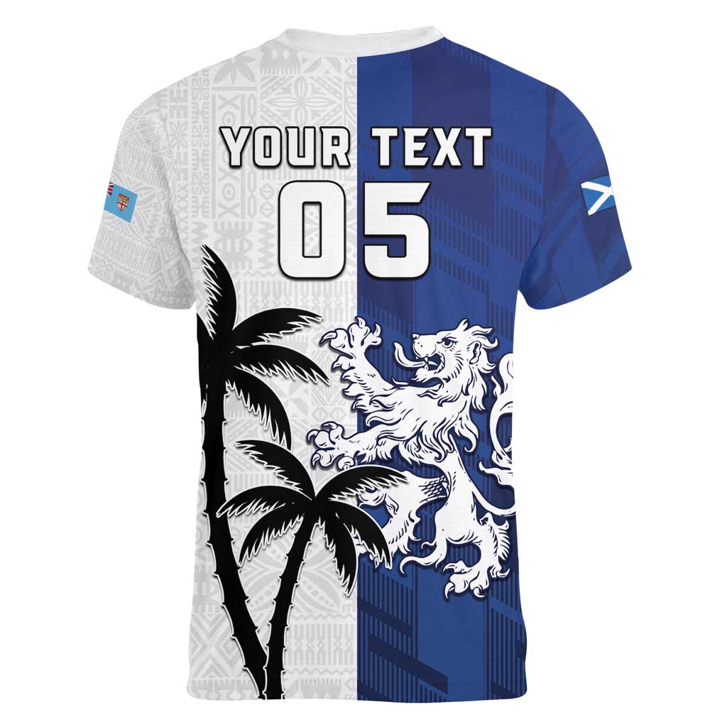 Fiji And Scotland Rugby Custom Women V-Neck T-Shirt Fijian Palm Tree With Thistle Together